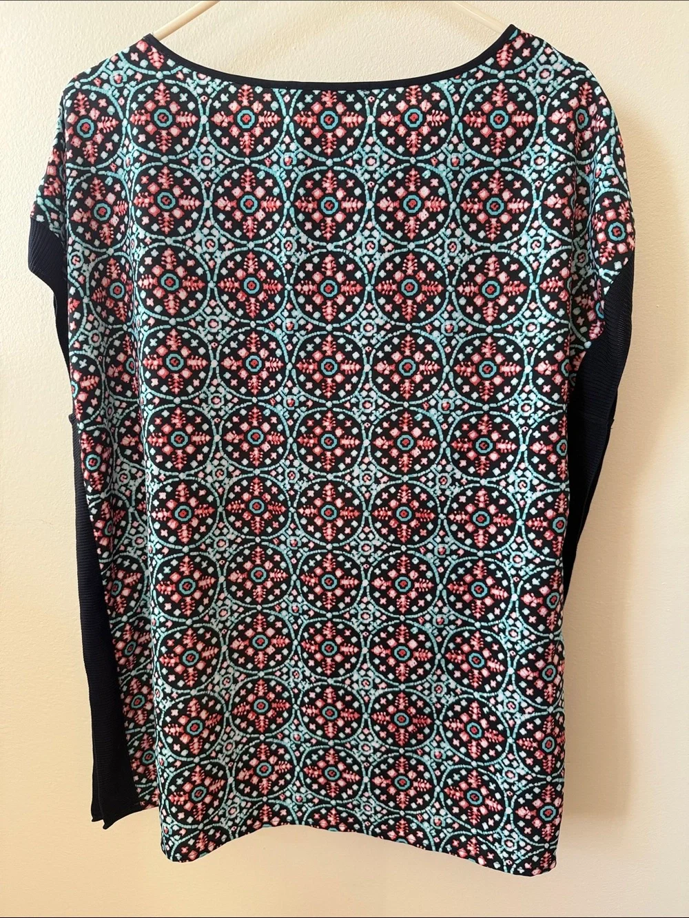 Michael Kors Black Short Sleeve Top with Pink & Aqua Medallion Print